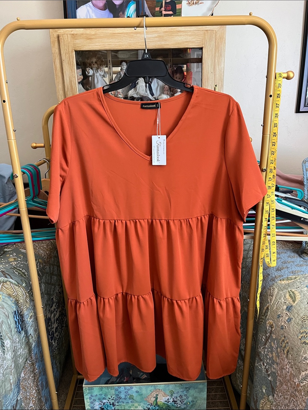 Tiered V-Neck Women's Dress in Rust